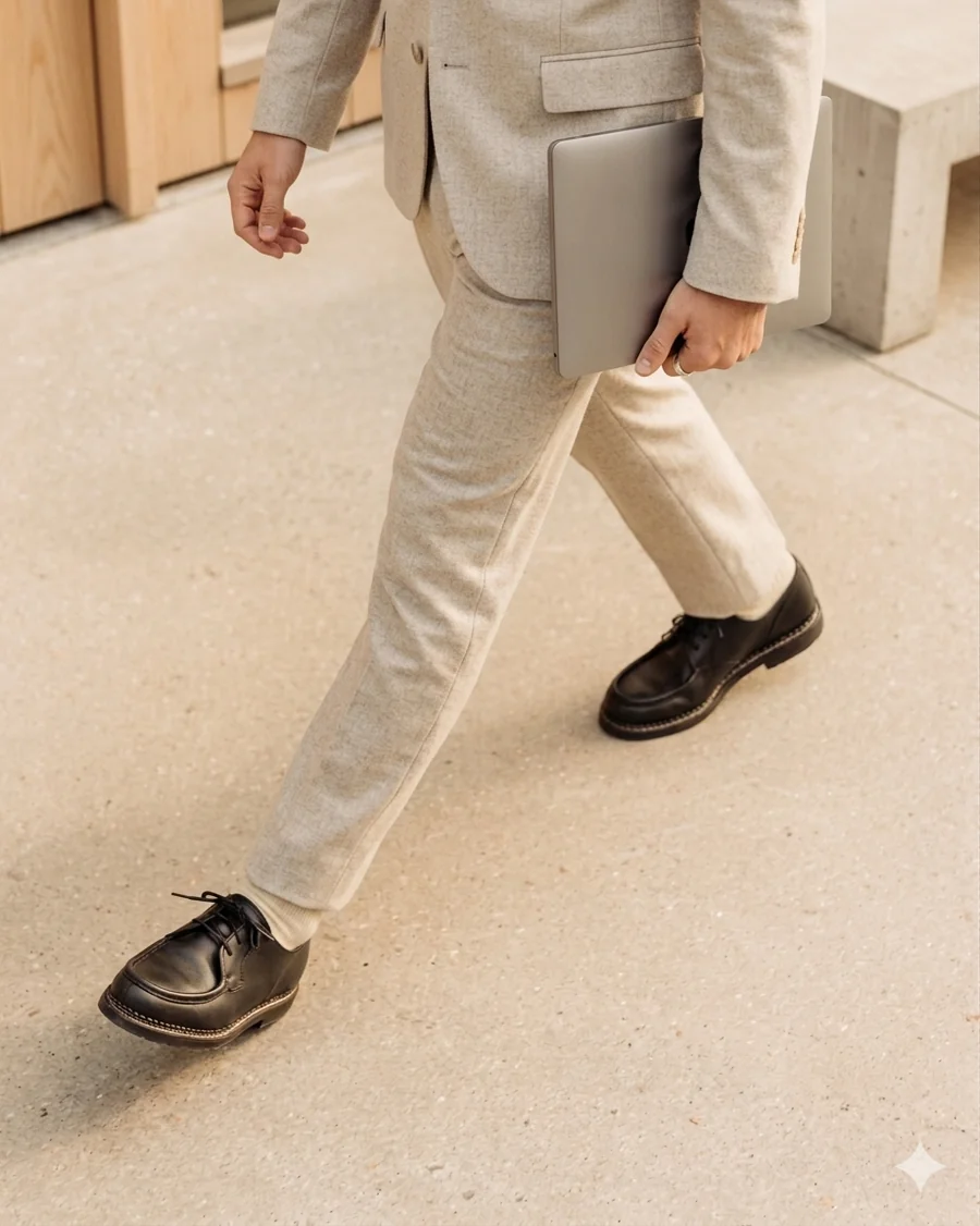 Professional in a light tailored outfit carrying a laptop through a bright contemporary workspace